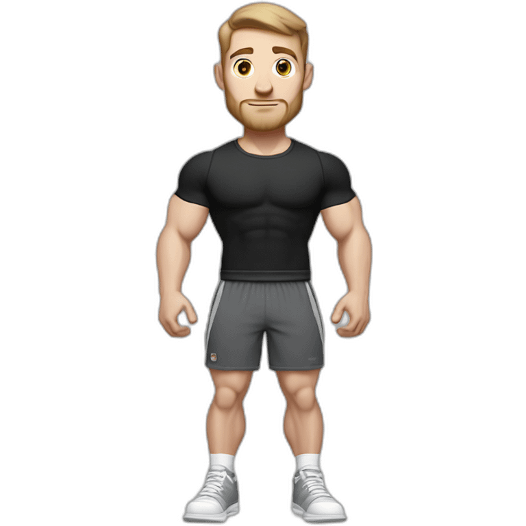 Pale skinned Fit Man With the biceps and dark brown hair in black shirt, gray sports shorts and white Sneakers emoji