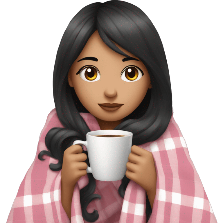 A cute black hair girl wrapped in pastel pink plaid blanket drinking coffee emoji