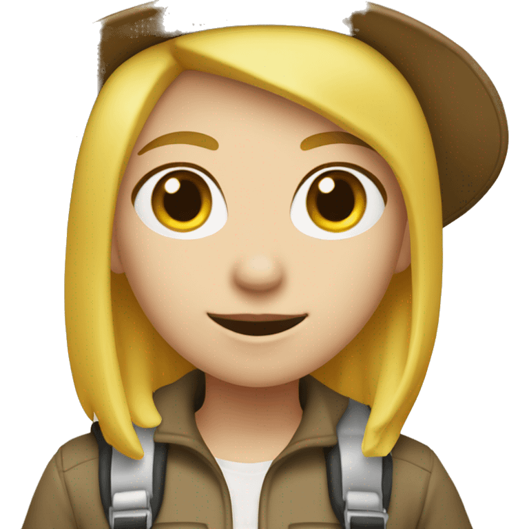 A female college student with white skin and shoulder-length yellow hair wearing an explorer hat. emoji