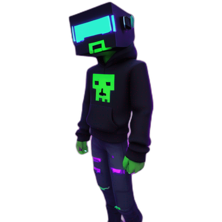 Minecraft Creeper wearing a black hoodie with "OMG" letters on it and VR headset in a cyberpunk VR environment with violet neon lighting. emoji