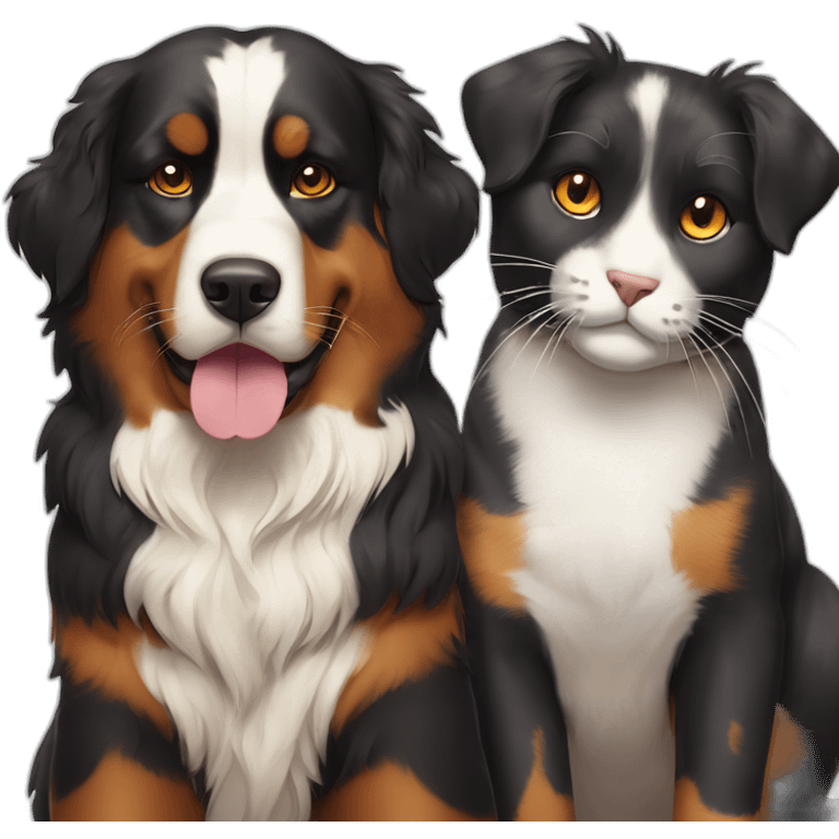 A Bernese dog next to A tortoiseshell cat without white emoji