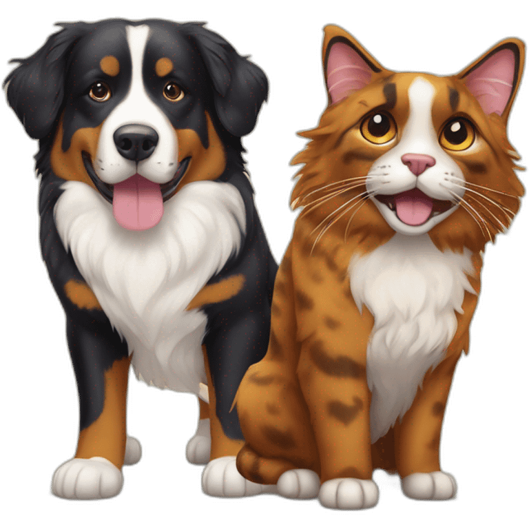 A Bernese dog next to A tortoiseshell cat without white emoji