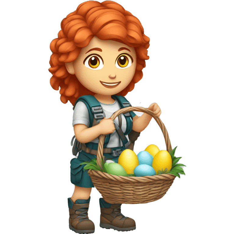 Female mountain climber red hair with Greek flag and holding Easter eggs basket emoji