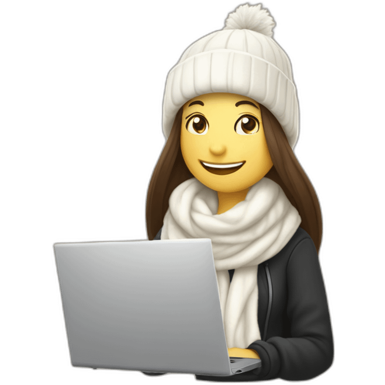 eyes closed laughing female with pale skin and dark brown straight long hair wearing white scarf and white woolly hat and black hoodie and holding a laptop and coffee mug not full body shot emoji