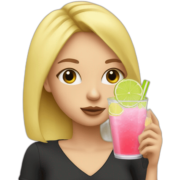 blonde girl drinking pink lemonade with one green lemon in the cup, with black watch emoji