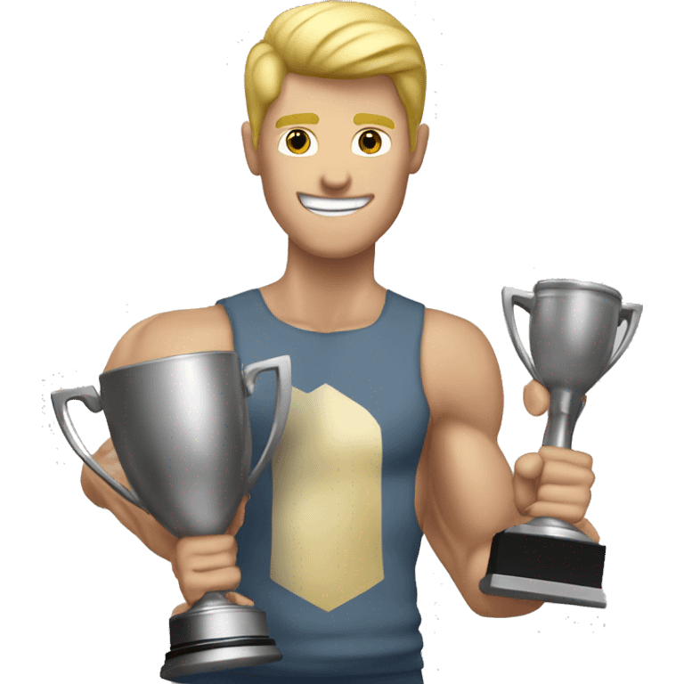 muscle blond man holding a trophie emoji