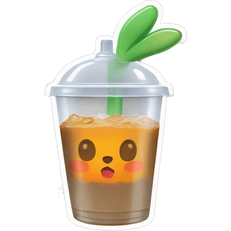 Realistic clear plastic cup filled with orange,white, and green iced coffee inside with clear domed shape lid with clear rabbit shaped ears on top of the lid. emoji