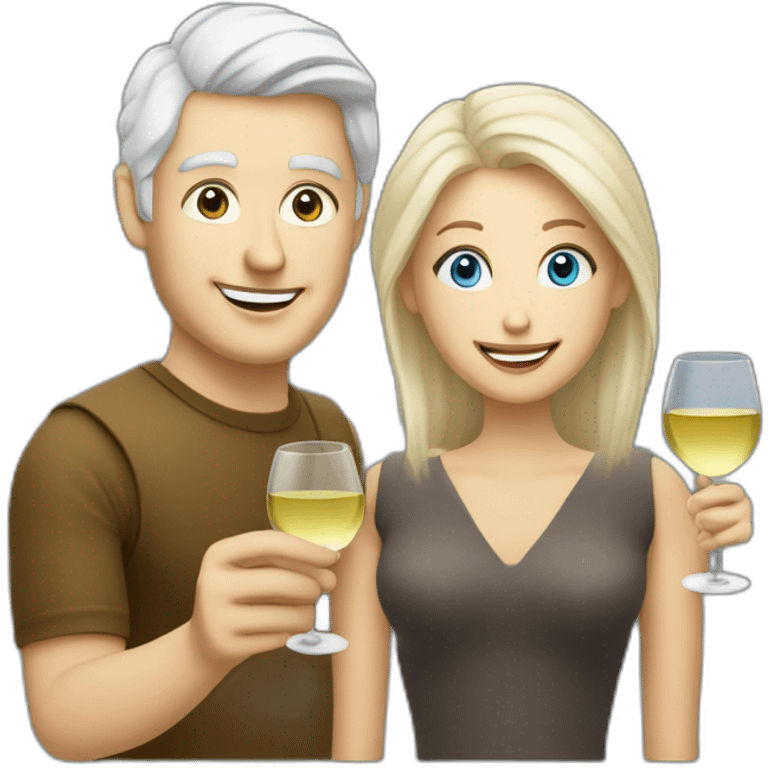 white man with blue eyes and grey hair toasting with a white wine together with white woman with brown eyes and blond hair and a white wine emoji