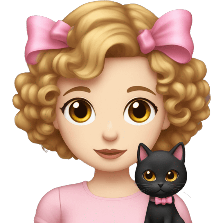 A girl with gold hazel eyes pale skin and curly brown hair holding a black cat with a pink bow on her hat the girl is wearing a black shirt emoji