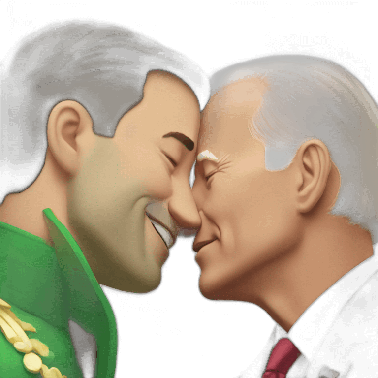 Vladimir Zelenskiy in green clothes kissing by Joe Biden in classic suit emoji