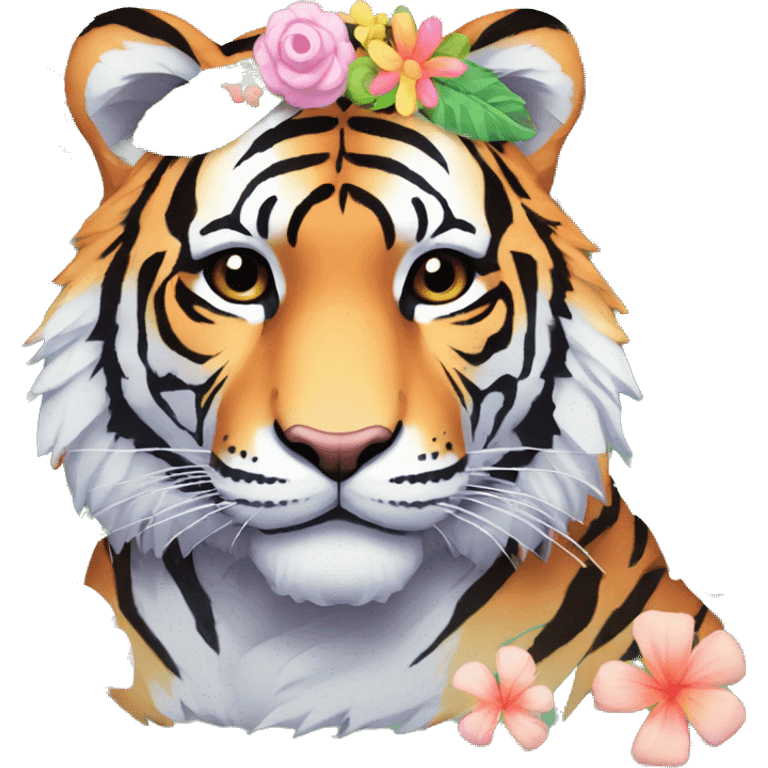 Pixel art of a pastel tiger wearing tropical flowers and leaves, flower crown, floral  emoji