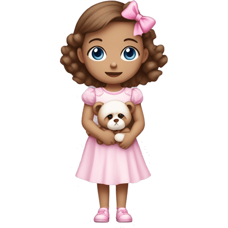 Little Girl with White skin, blue eyes. brown hair with pink bows in it.  She is wearing a pink and White dress, standing and holding on to a teddybear with a pink bows. emoji