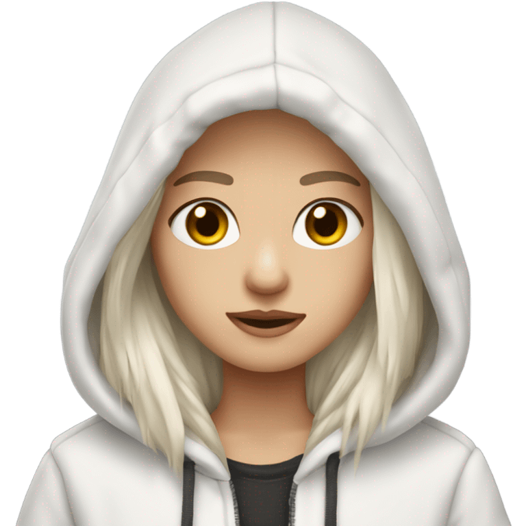 White-skinned hair with hazel eyes and dark long straight hair wearing a fur hoodie emoji