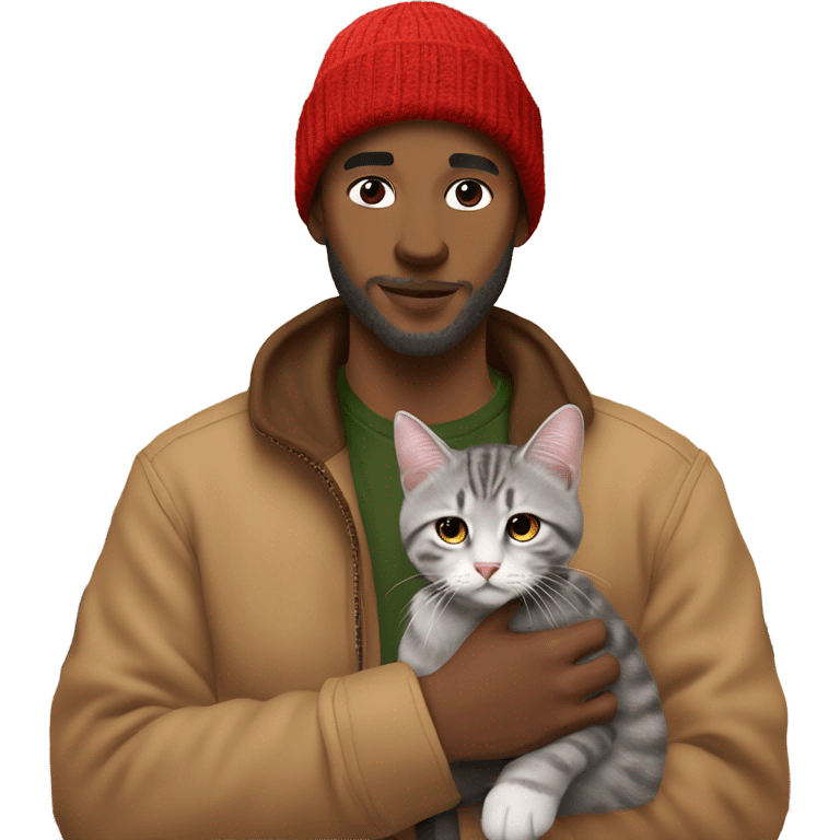 white 28 year old man with gray hair red beanie, and tan carhartt coat on holding a tabby cat in a home office emoji