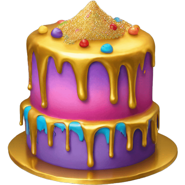 Realistic isolated colorful cake with metallic gold icing dripping from top and all down along the cake emoji