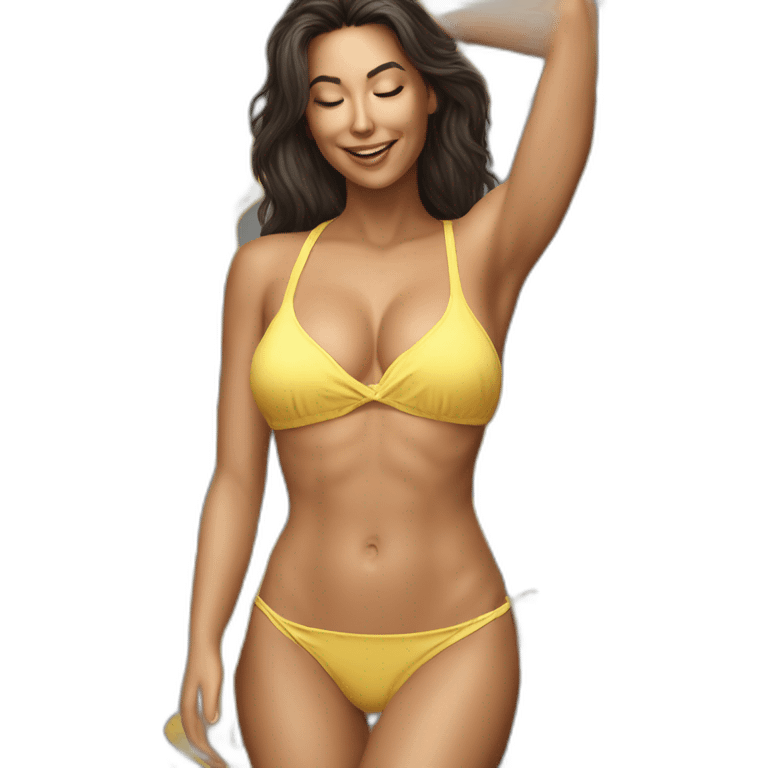 Sexy pose soft-fit Caucasian woman yellow bikini (beach body) bed realistic emoji