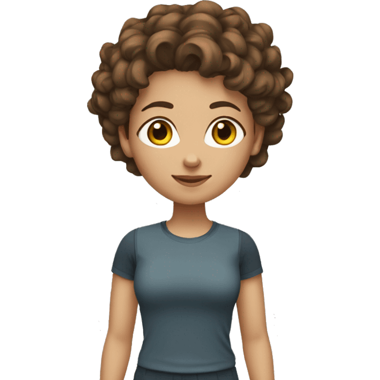 YOUNG WOMAN WITH CURLY, SHORT, BROWN HAIR. SHE WEARS HER HAIR UP AND SPORTS CLOTHES emoji