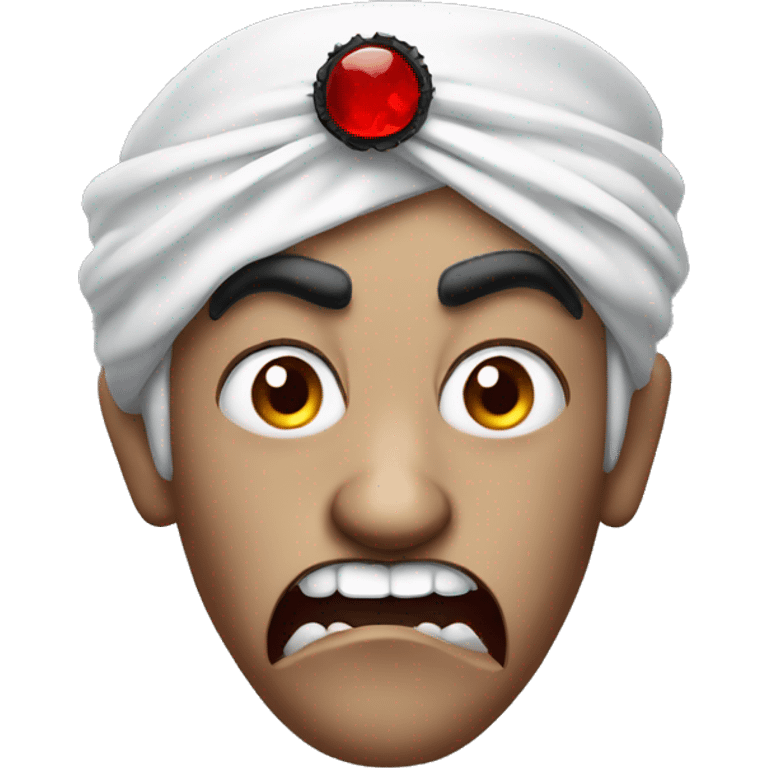 A vampire with angry eyebrows and fangs wearing a turban.  emoji