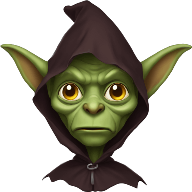 Goblin head, wearing a dark cape, hood,  front view,  emoji