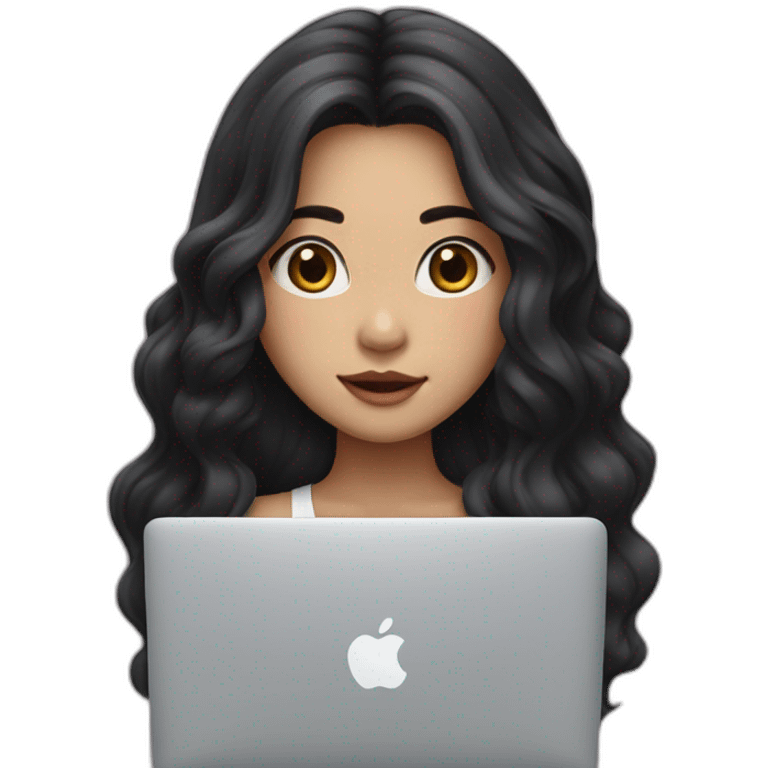 Korean girl with long and wavy black hair in front of her macbook, face whiter emoji