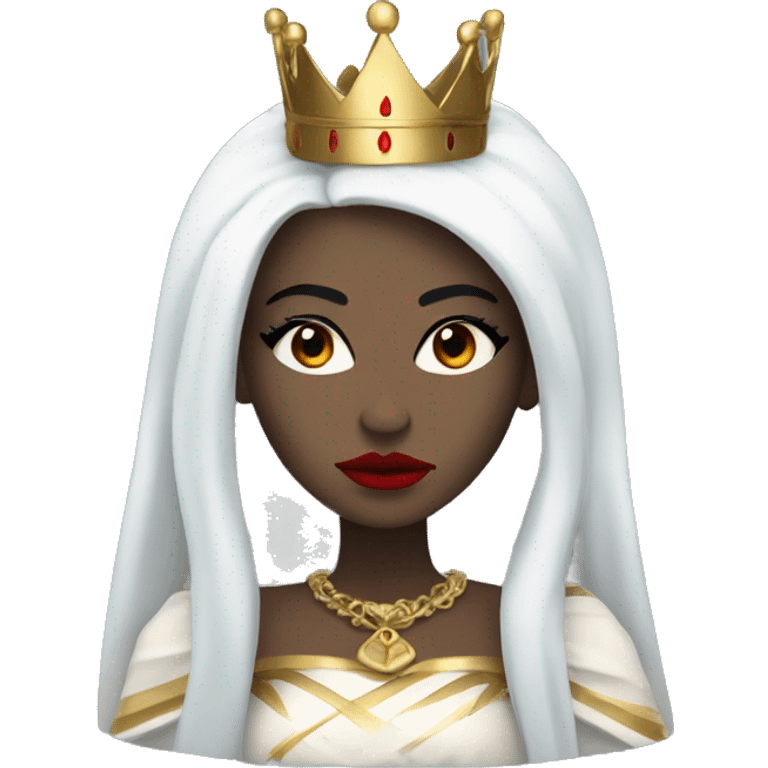 Queen with pale white skin, evil stare, icy blue eyes, bright red lips, long black hair, gold crown, and white robes. emoji