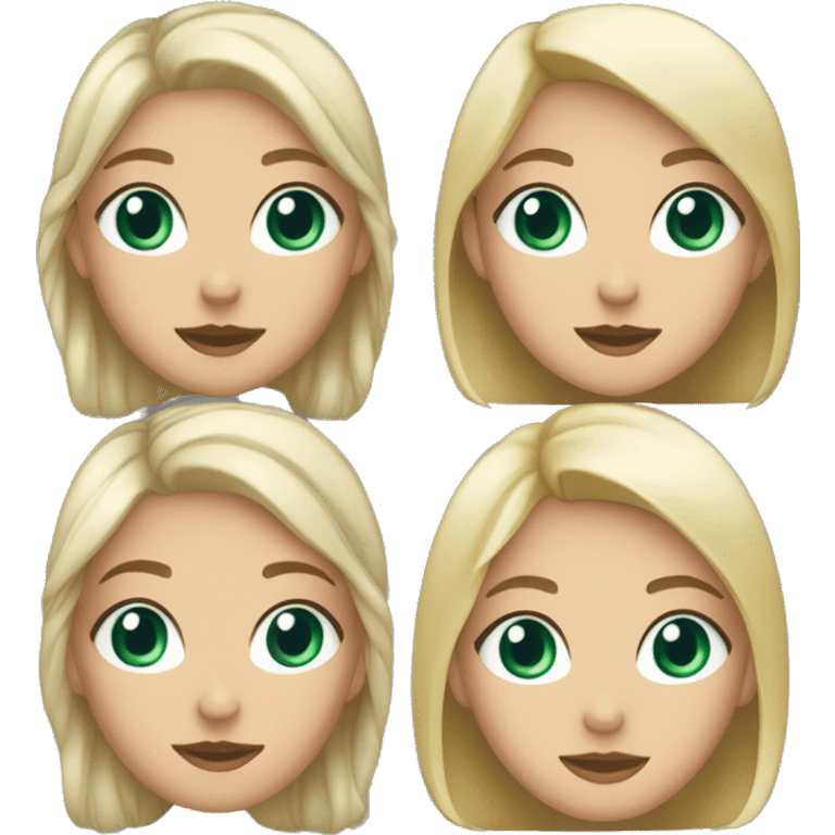 a girl with green eyes, a blonde with long hair, and next to her a girl with blue eyes and short dark shoulder-length hair emoji