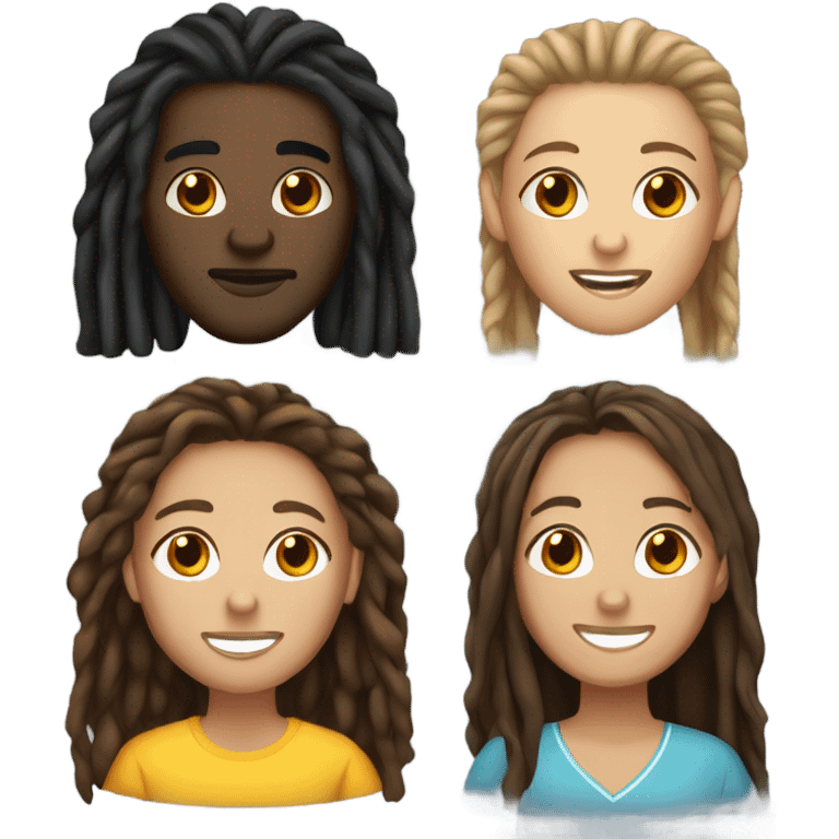 Black athletic male with long dreads, Spanish female with long brunette hair, and while female with brunette hair emoji