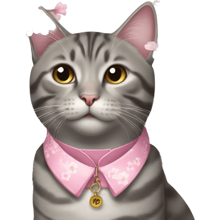 Grey tabby cat wearing a pink collar with one cherry blossom hanging from t emoji