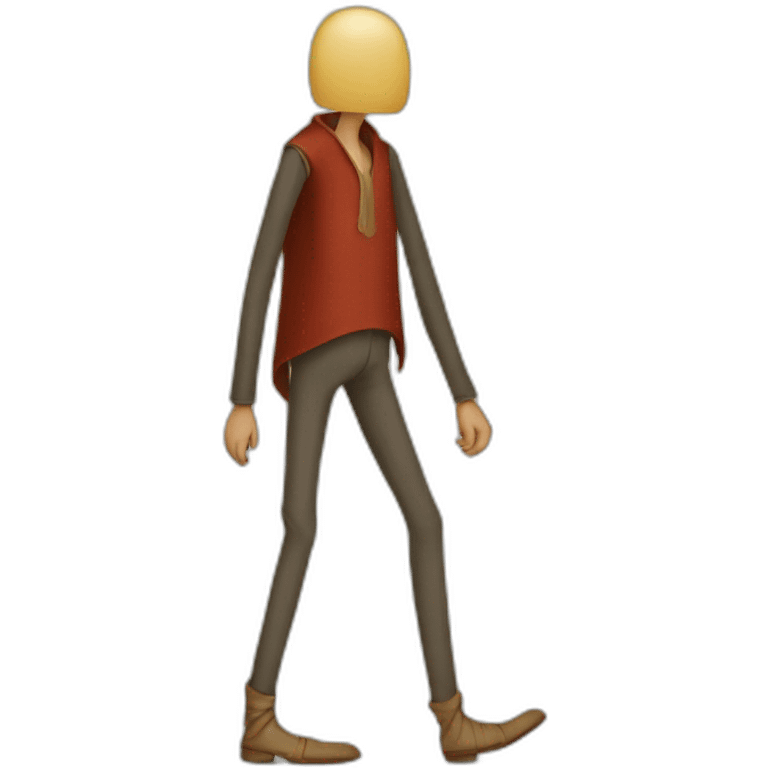 person with inhumanly long legs, wide pants, walking, medieval emoji