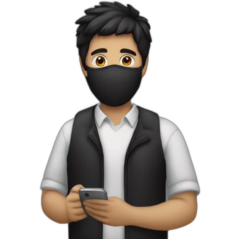 a guy with black hair wearing a mask using his phone emoji