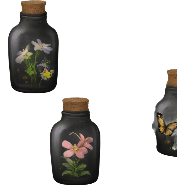 Black magic fairy light sparkling old Antique bottle with poison and with herbal and flowers emoji