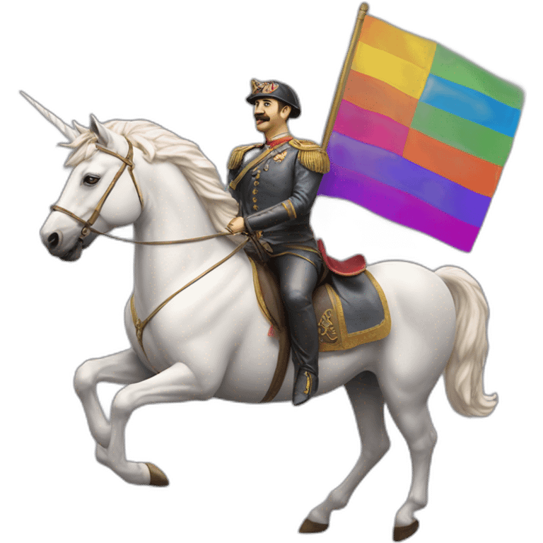 Hyperrealist Francisco franco ride a unicorn with a lgtbi flag emoji