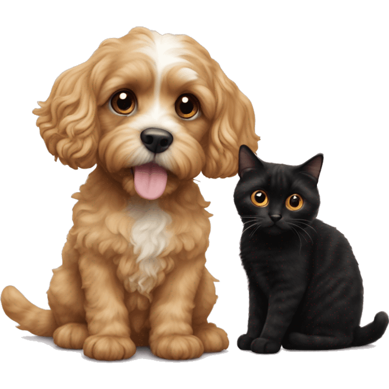 blonde cavapoo next to a black calico cat emoji