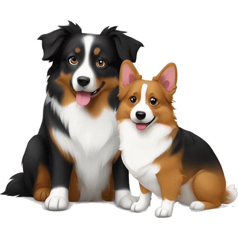 Black try Australian shepherd, and tri color corgi sitting next to each other  emoji