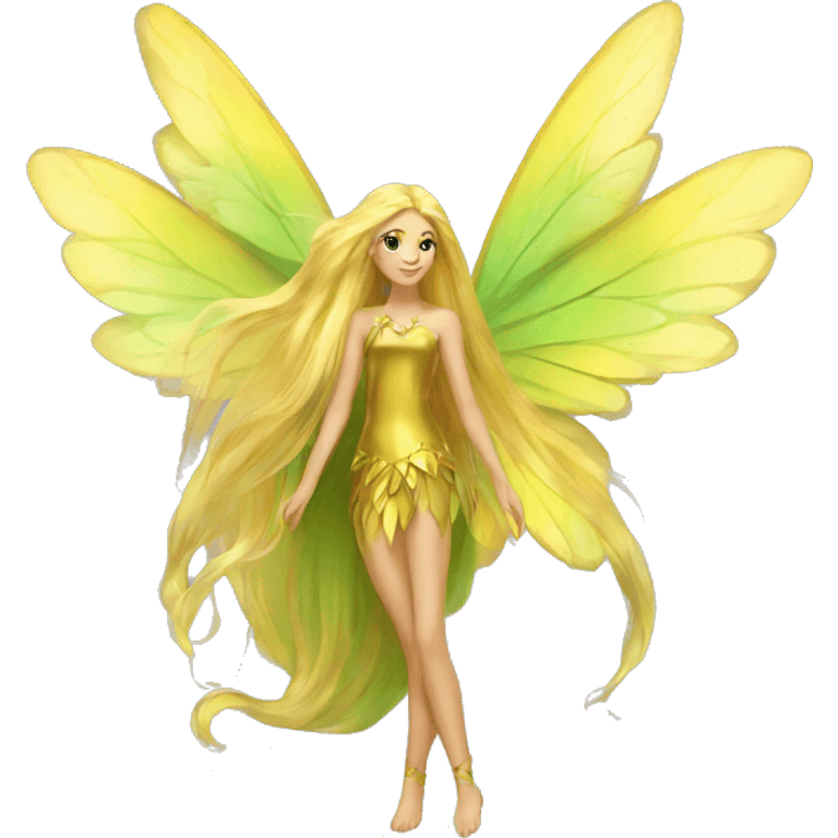 Beautiful, fairy, gold, yellow, green, long hair, big wings emoji