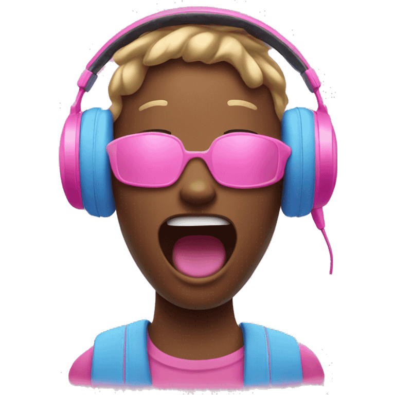 a taffy pink-colored emoji, singing notes with capri blue headphones emoji