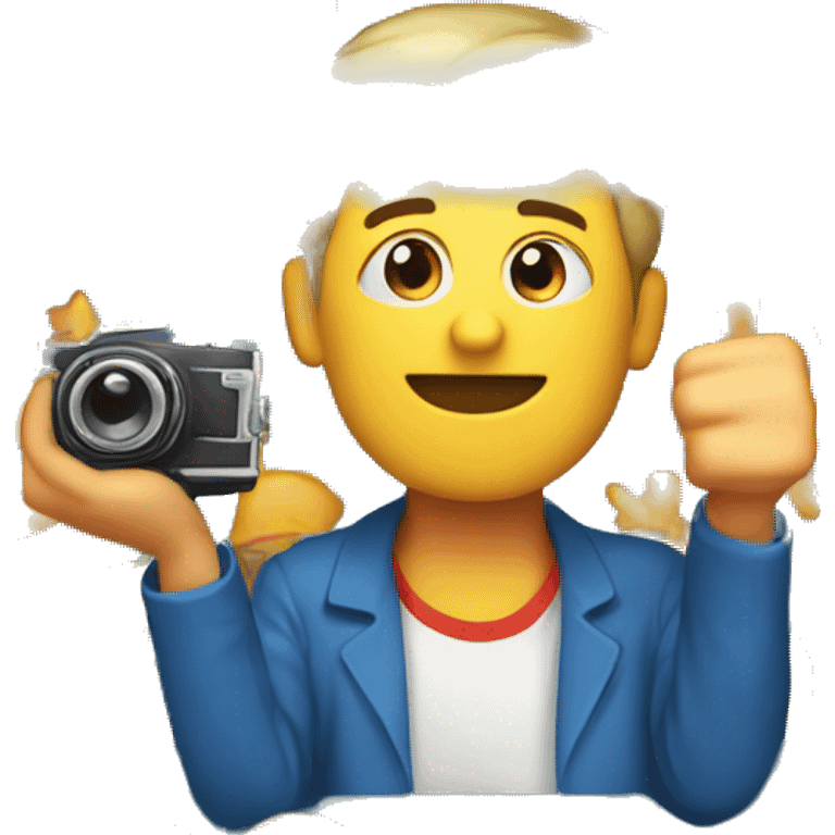 An emoji depicting challenge videos, featuring a camera and two hands giving a thumbs up, with colorful question marks and exclamation points around, symbolizing fun, excitement, and various challenges emoji