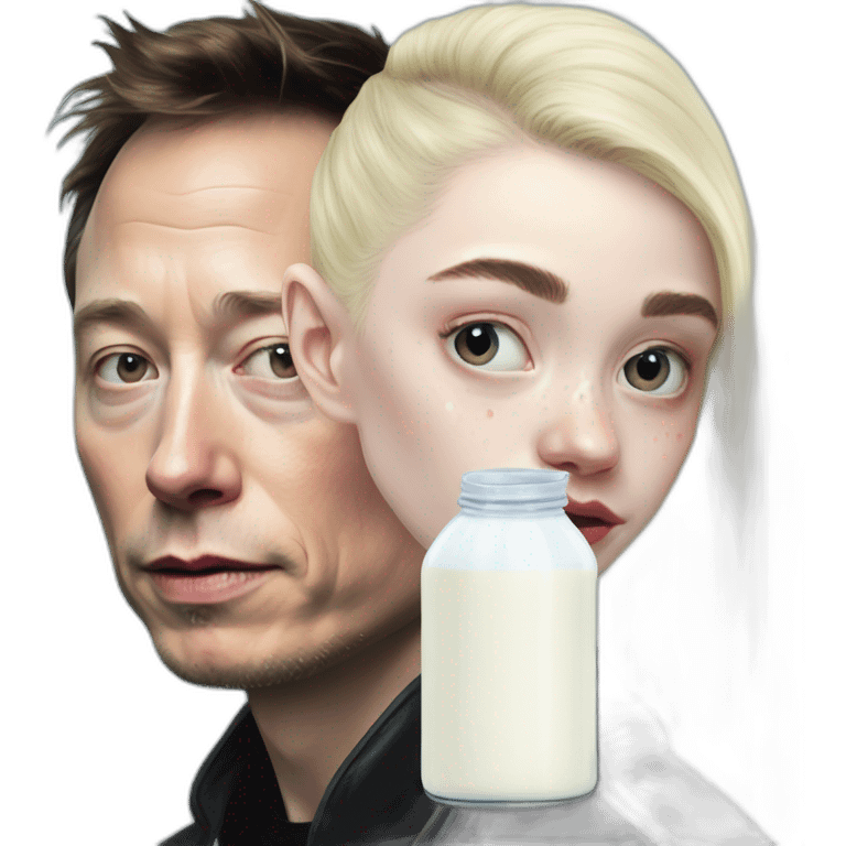 Grimes with drops of milk spray on face, elon musk smirking, duo emoji