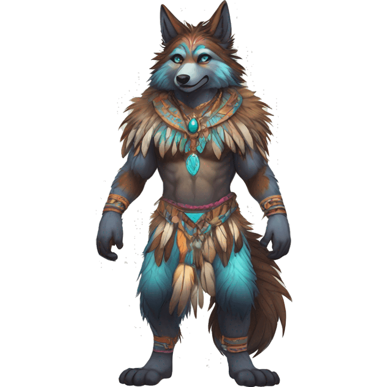 Anthro Fluffy Colorful Shy Spiritual Shamanic WereWolf-sona With Shiny Tribal Markings wearing feathers Full Body Detailed High Quality emoji