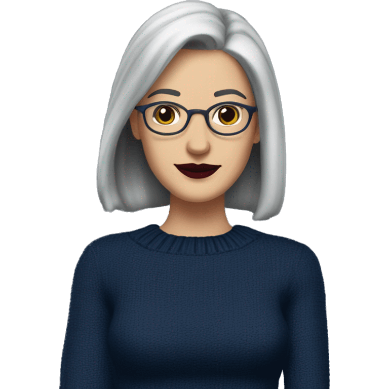 Attractive Caucasian woman with long straight grey hair worn over one shoulder,  wearing wire frame glasses, dark red lipstick, and a navy blue sweater, she has French facial features with a slightly upturned nose emoji