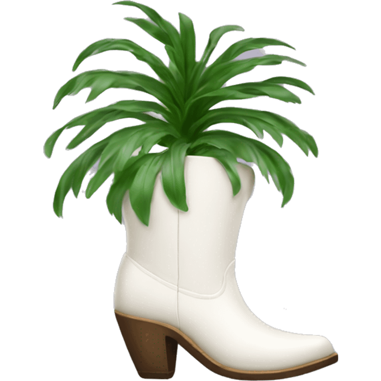 White cowgirl boot vase growing a palm emoji