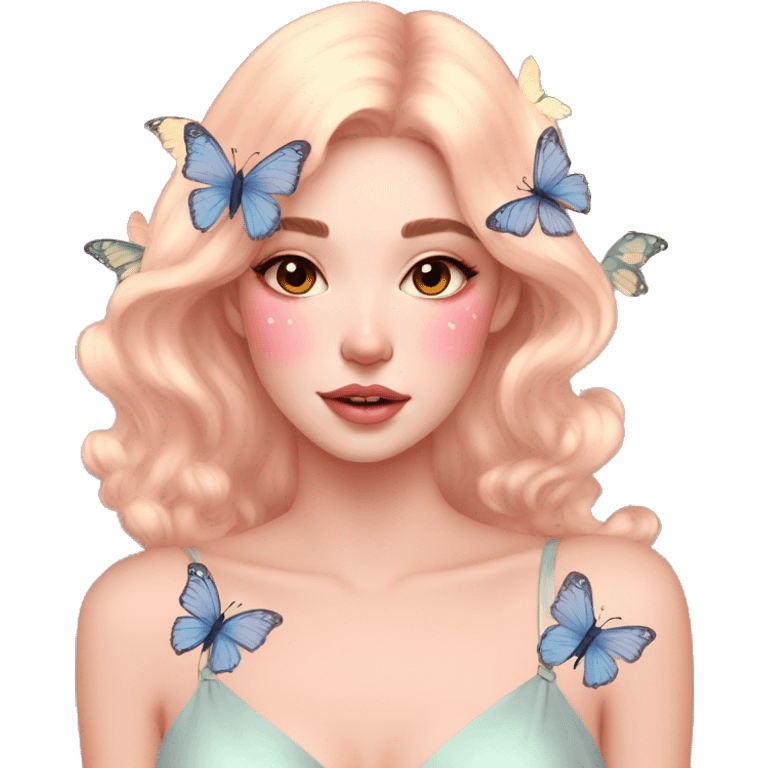 Gorgeous pastel lady with blushing face and butterflies aesthetic trending style emoji