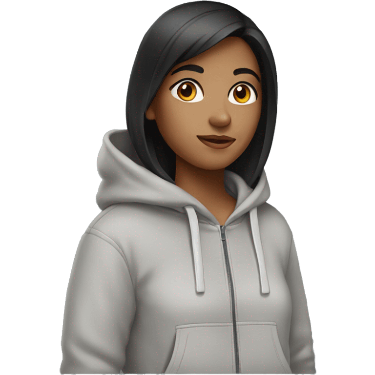 girl with black hair wearing light gray hoodie  emoji