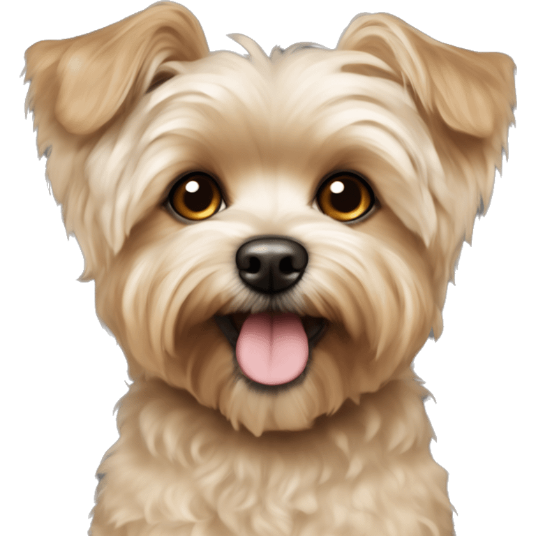 yorkie bichon mix. dog with light tan curly fur, very very LONG ears DOWN. dark brown eyes,. emoji