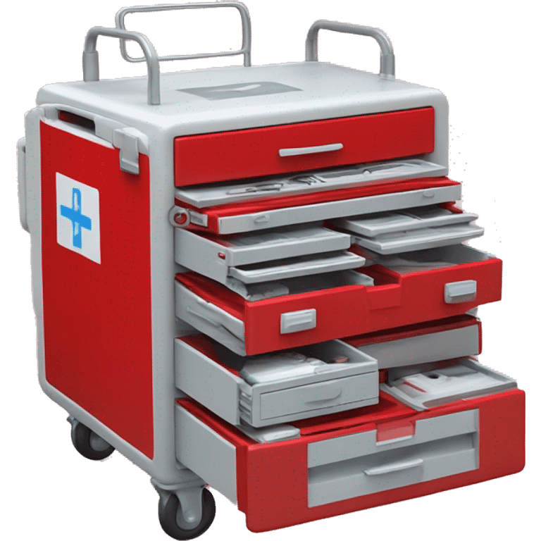 Singular Red medical crash cart is a mobile, multi-drawer unit designed to store and organize emergency medical supplies and equipment and a cardiac defibrillator on top emoji