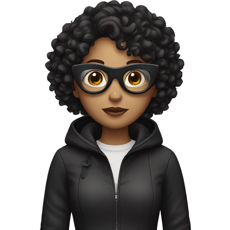 a girl holding a pan with a black mask and using glasses with curly hair and wearing a black jacket emoji