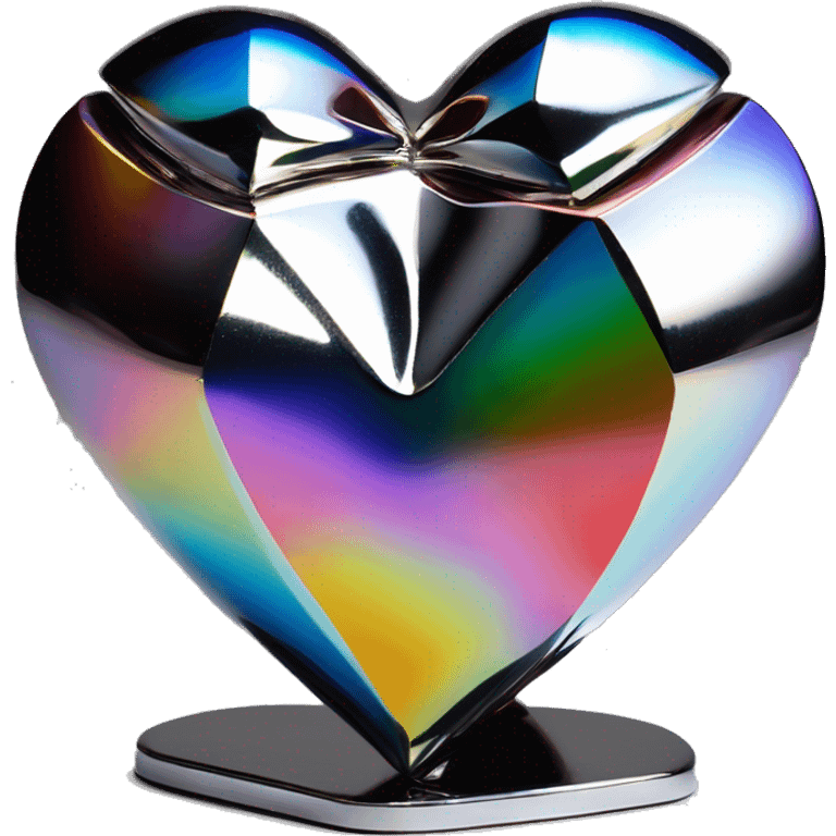 symbolic heart chrome sculpture symbolizing chromatic light with a geometric, faceted design. The heart is standing upright with angular and baroque features. The vibrant rainbow of colors highlights the sharp edges and planes.  emoji