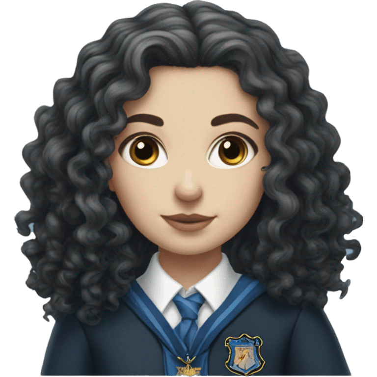 Hyper realistic White girl with long black curly hair wearing a ravenclaw school inform emoji