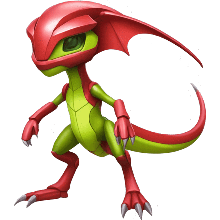 a shiny red Genesect-Flygon-Raptor-Fakémon—hybrid with a futuristic visor-helmet full body emoji