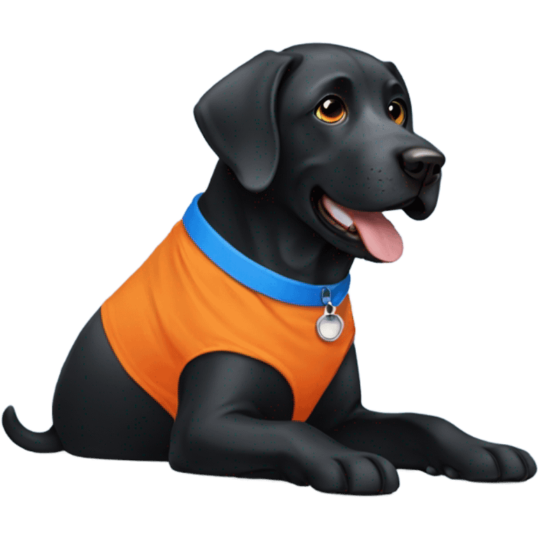 Black Labrador wearing orange and blue emoji